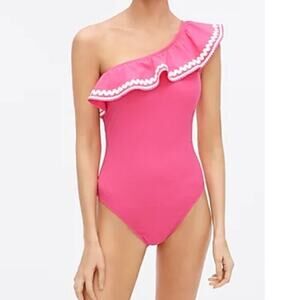 J. Crew One Shoulder Ruffle Ric Rac One piece Swimsuit Sz 2 Hot Pink Preppy Pool